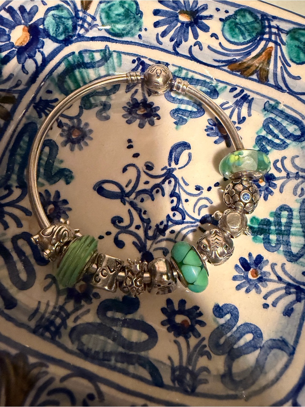Pandora Silver Bracelet with Green and Aqua Glass Charms